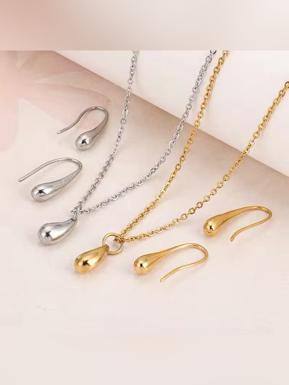 4PC Metal Color Ring Necklace Bracelet Earrings Set Suitable Jewelry Teardrop